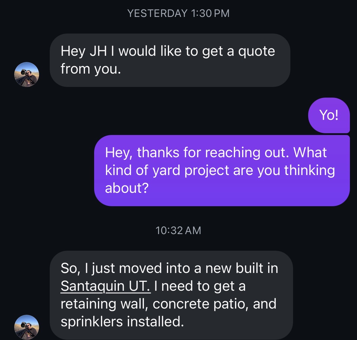 Direct message from a homeowner reaching out for a quote
